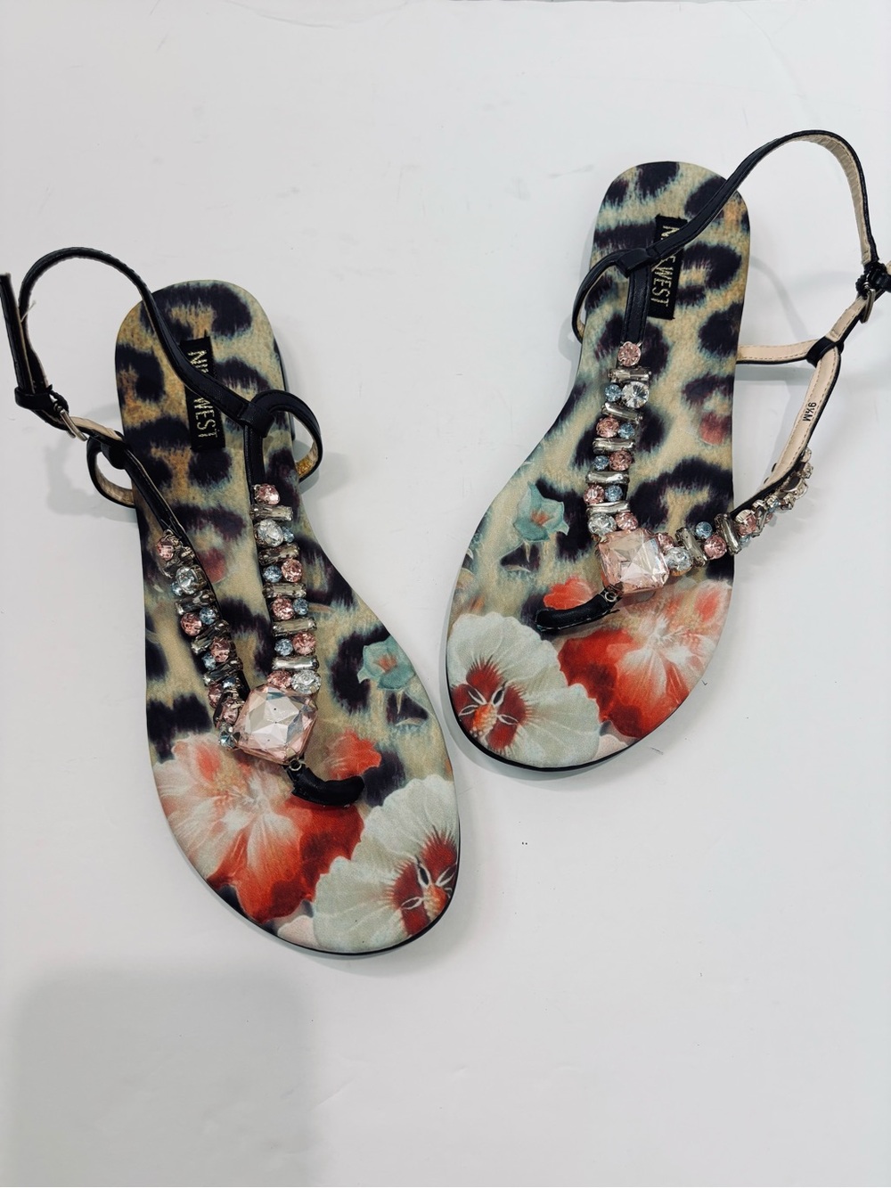Nine West Boho Dynasti Embellished Floral Leopard jeweled T-strap flat sandals